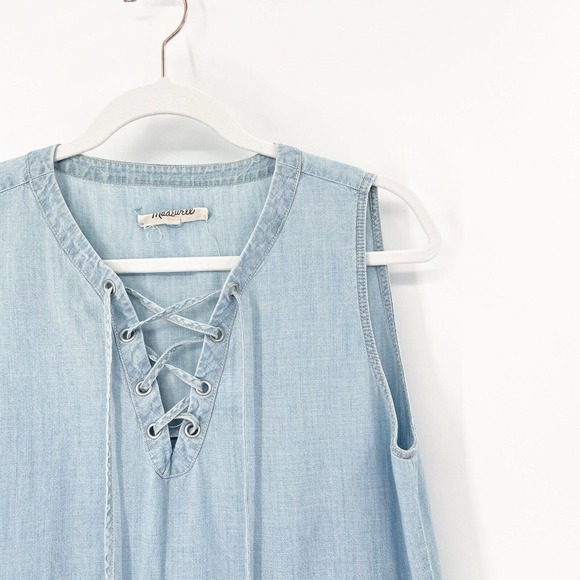 Madewell Chambray Lace Up Shift Dress Sz S Blue Light Wash Sleeveless Pockets - Picture 2 of 7